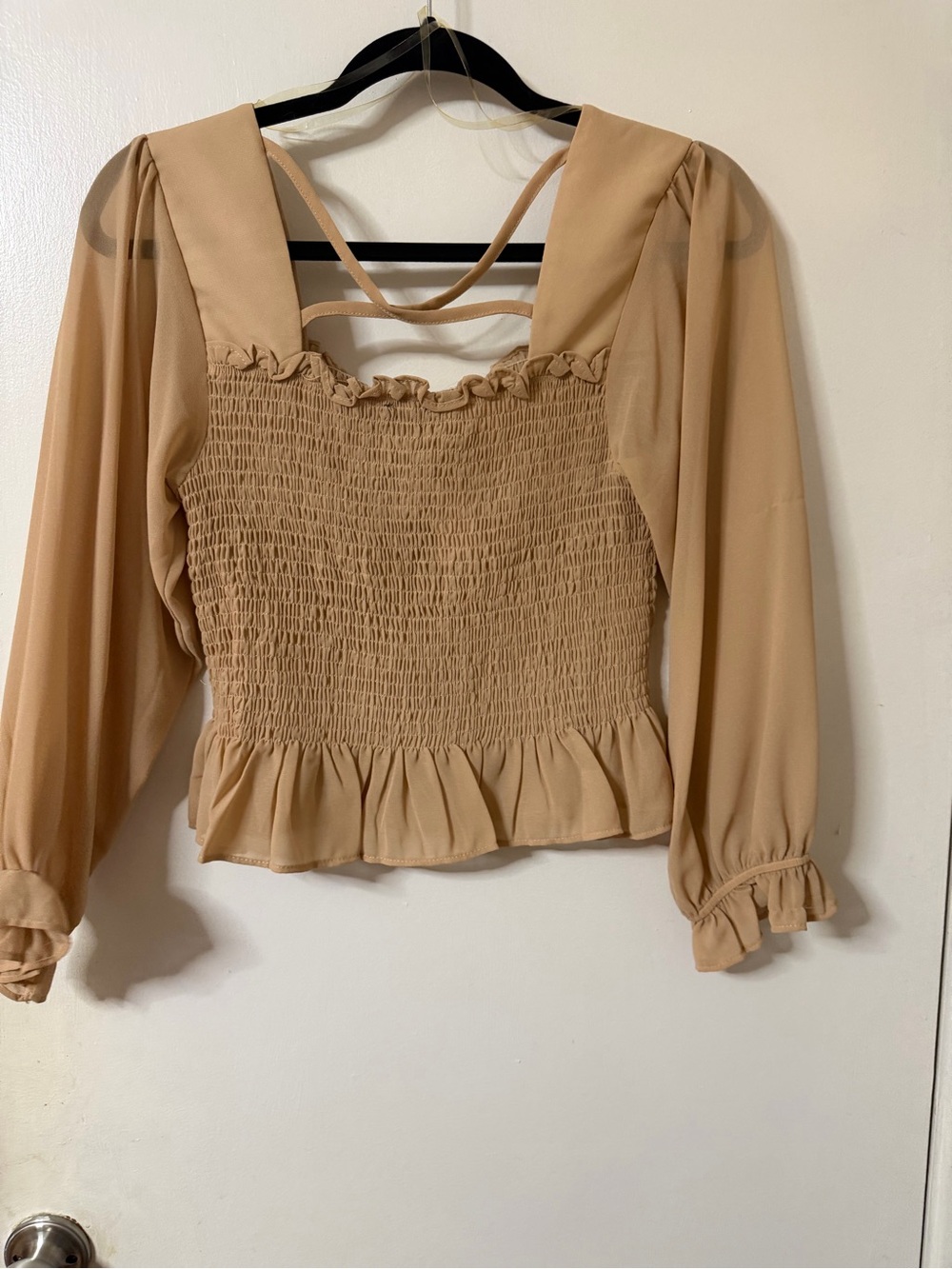 Papermoon Beige Smocked Peplum Long-Sleeve Blouse